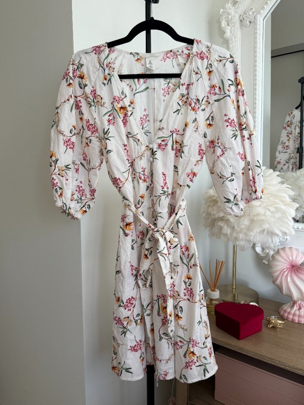 H&M Romantic Floral Puff Sleeve Belted Mini Dress
